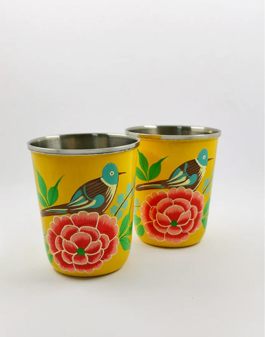 Verre email indien jaune  fleurs