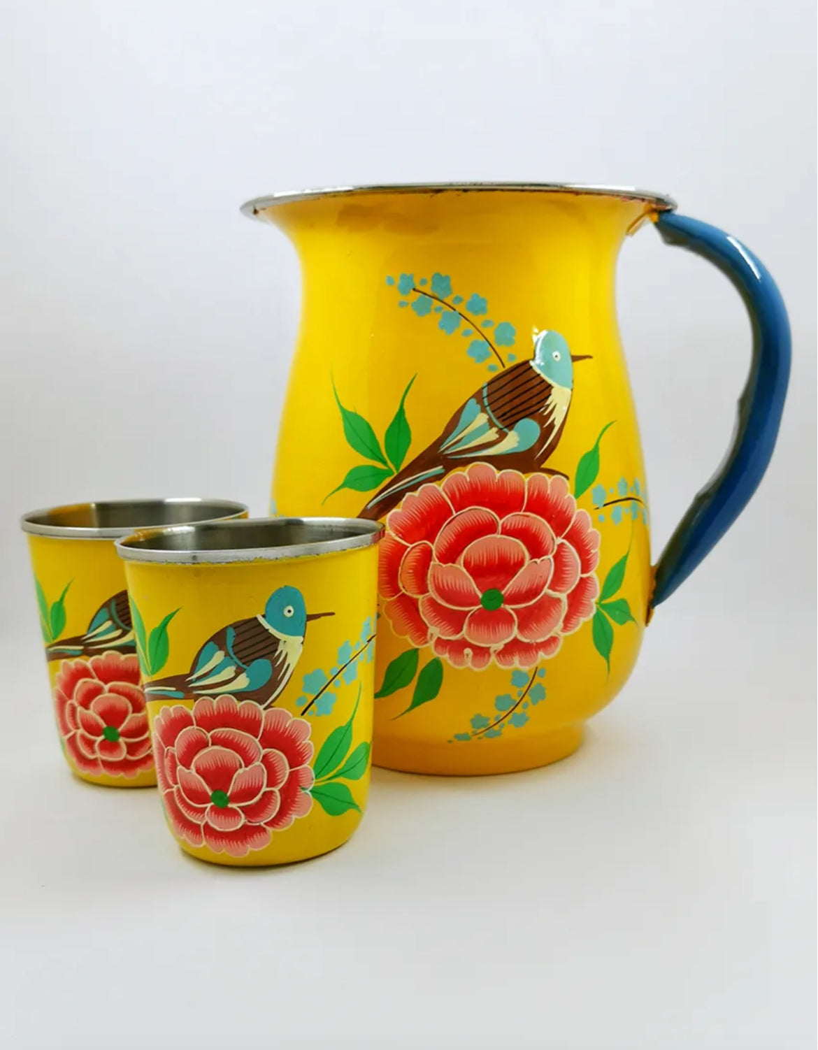 Verre email indien jaune  fleurs